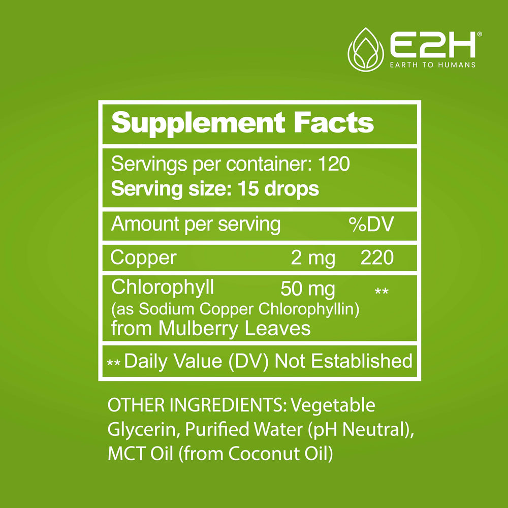 Close-up label of E2H Chlorophyll Liquid Drops highlighting natural ingredients.