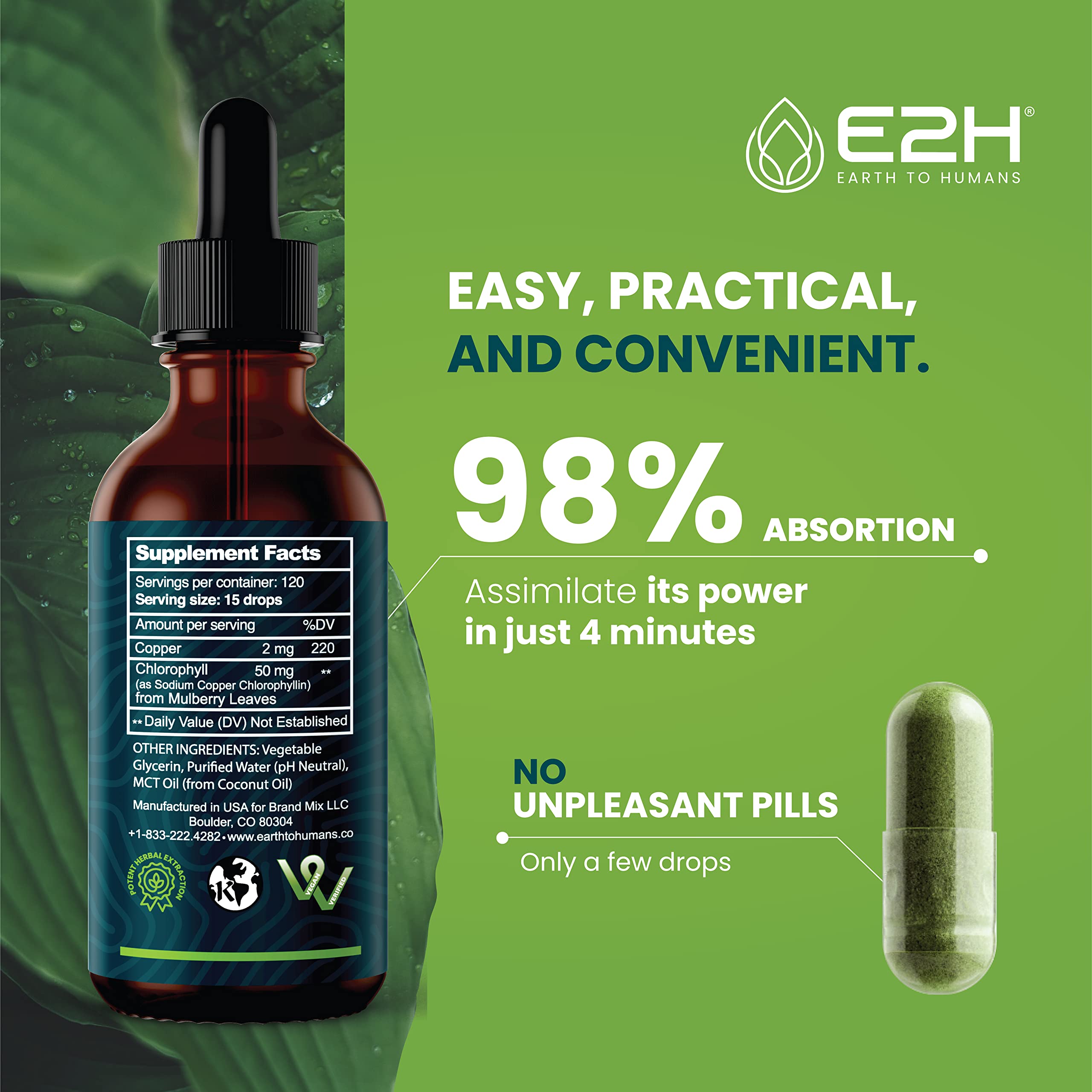 Packaging of E2H Chlorophyll Liquid Drops on a clean countertop for everyday use.