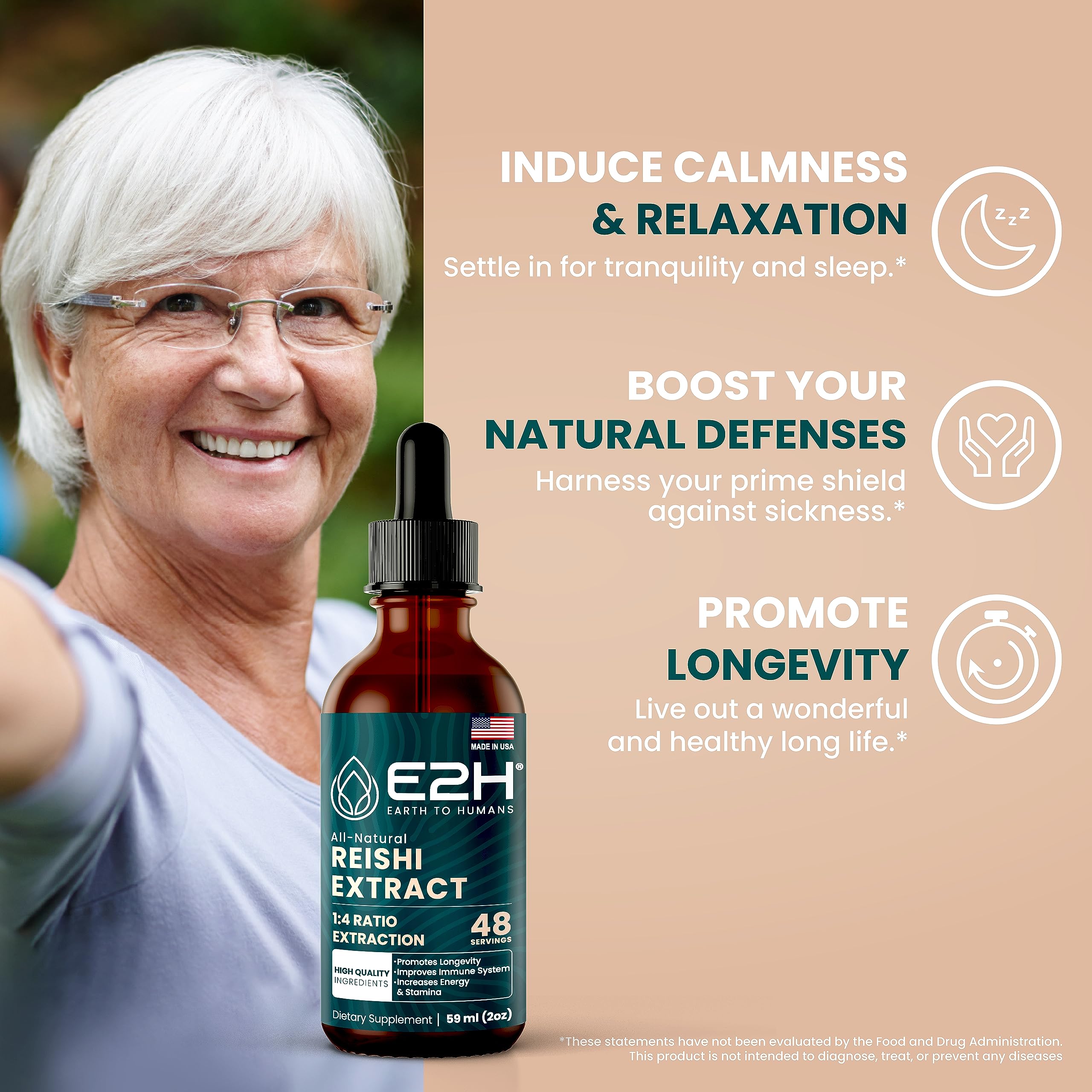 E2H Reishi tincture dropper enables precise, quick-use dosing.