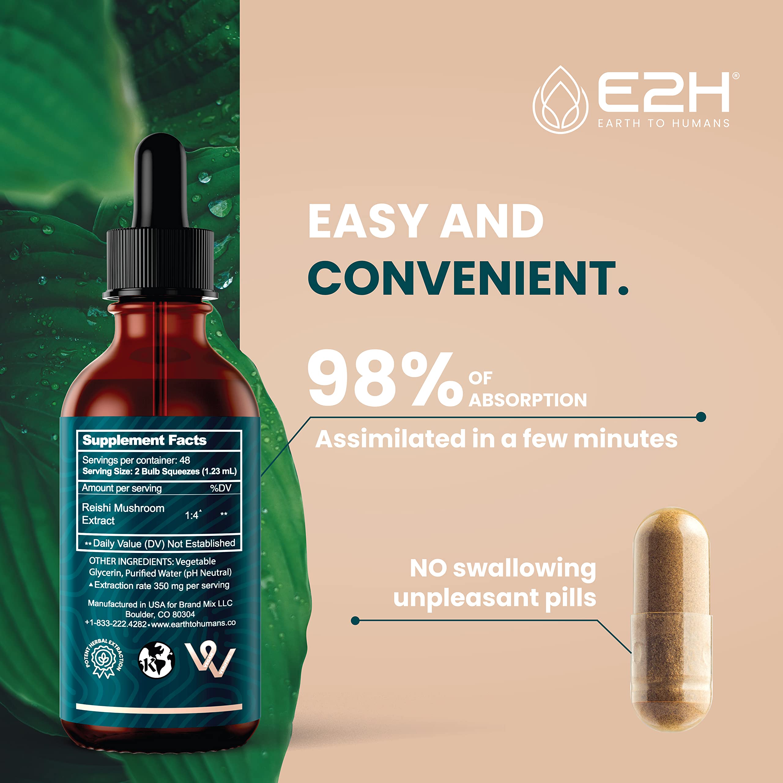 E2H Reishi tincture label confirms USA-made quality.