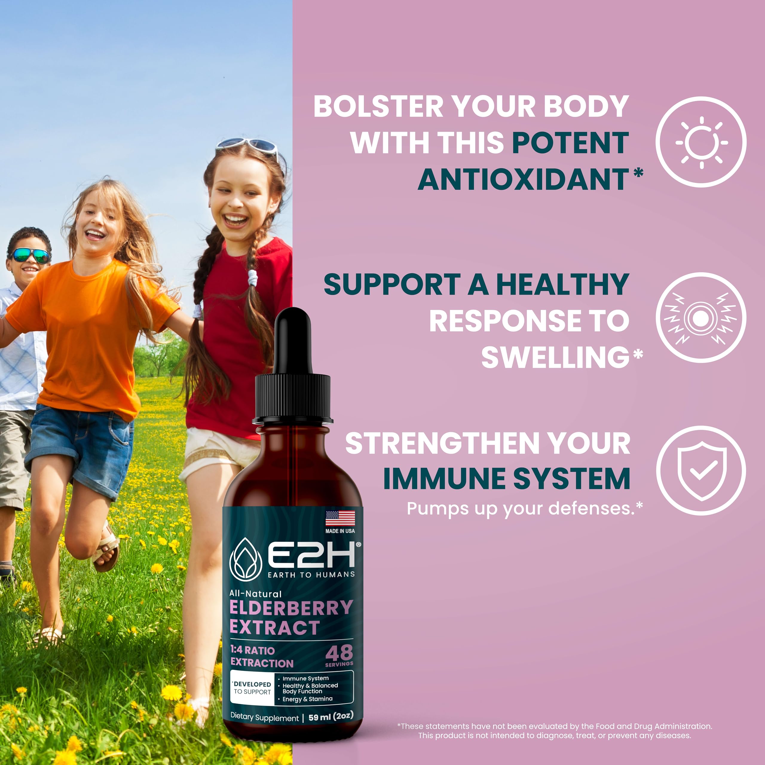 E2H Elderberry Syrup bottle side shows organic ingredients and GMP promise.