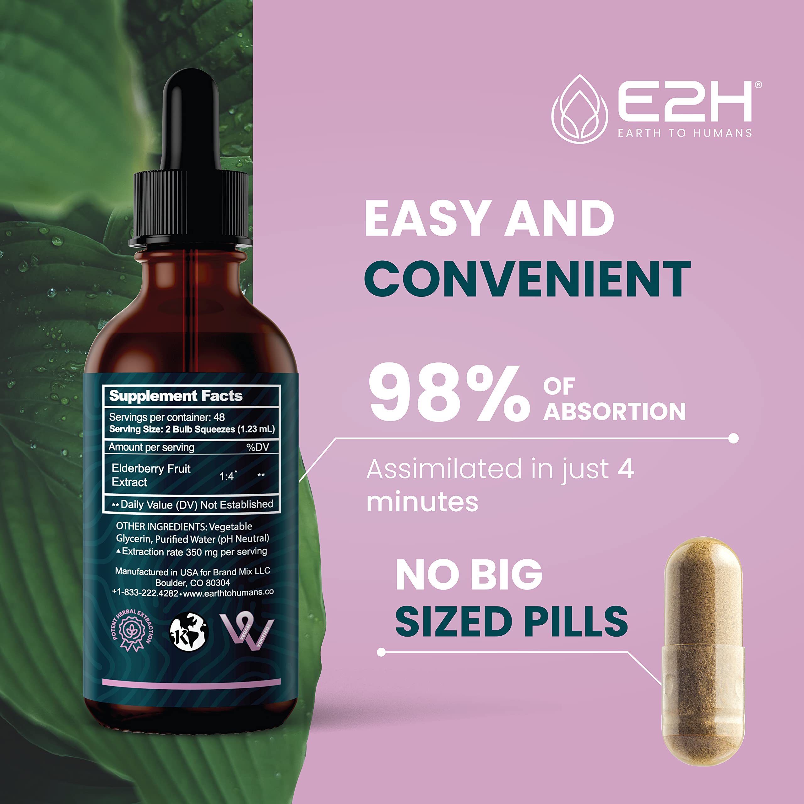 E2H Elderberry Syrup drops being poured for daily use.