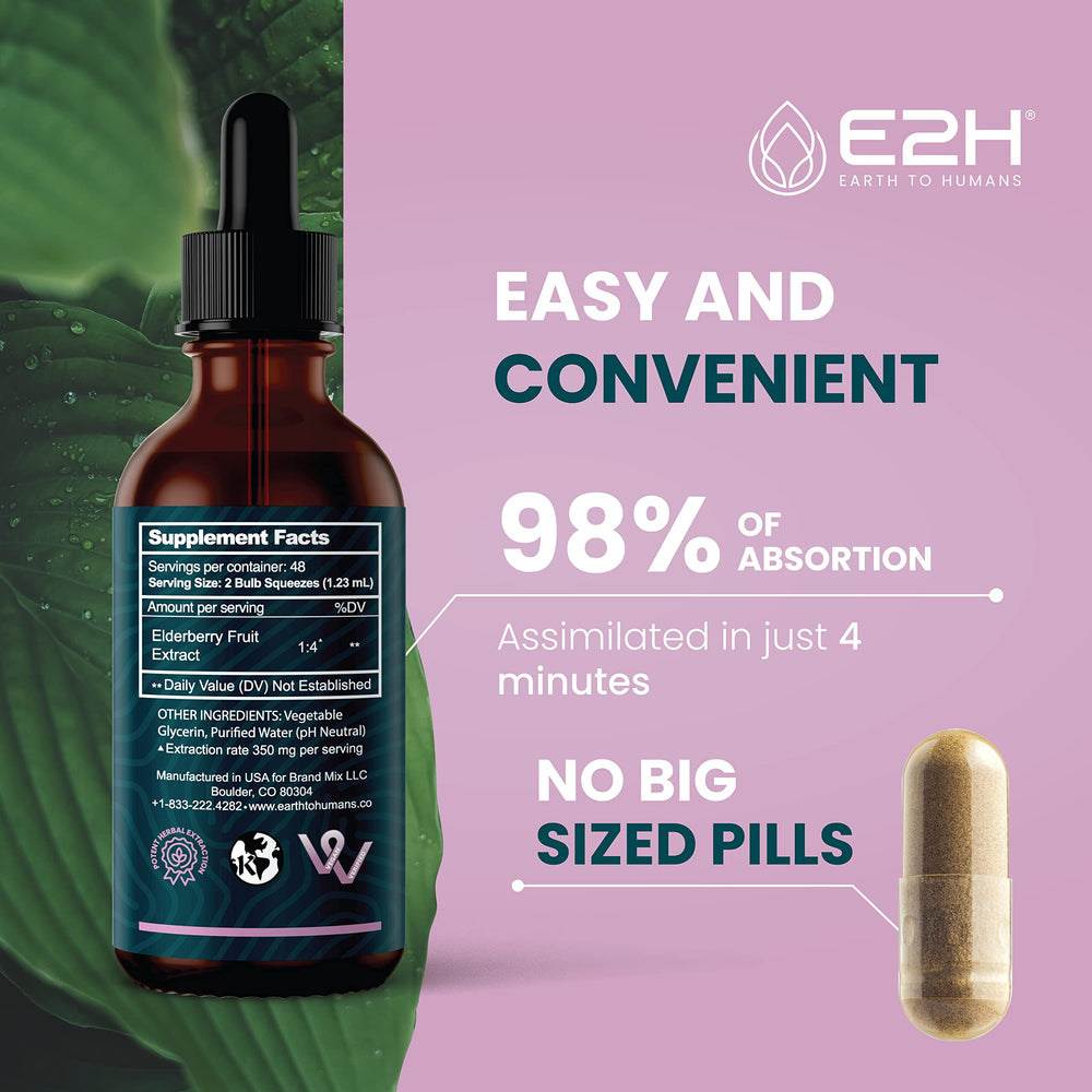 E2H Elderberry Syrup drops being poured for daily use.