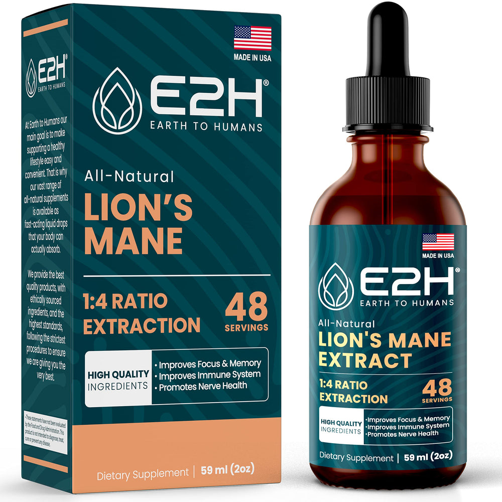 E2H Lions Mane liquid bottle with pour cap for easy daily administration.