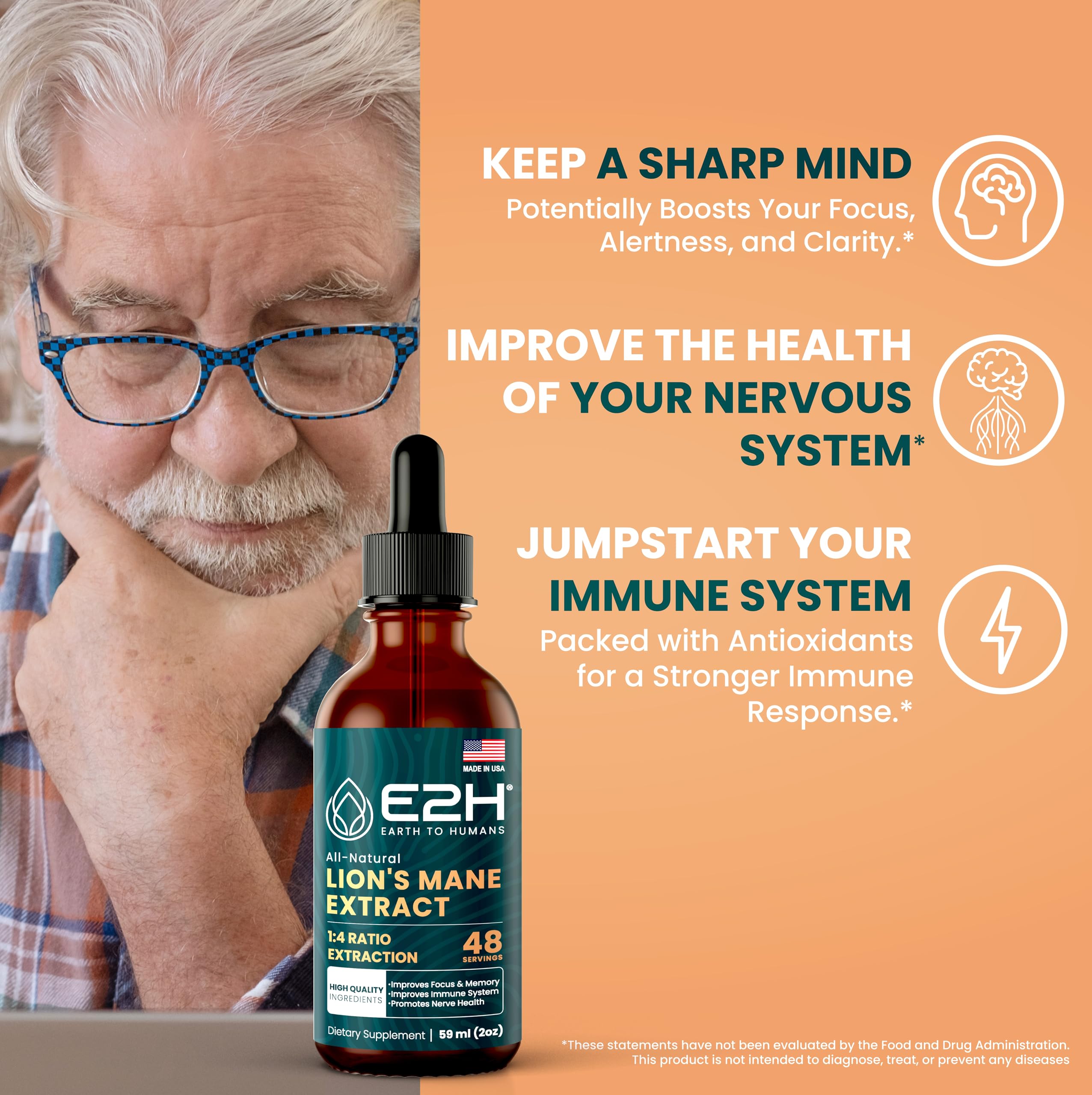 E2H Lions Mane liquid dropper shows precise dosing for mental clarity support.