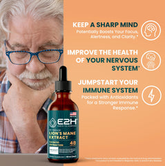 E2H Lions Mane liquid dropper shows precise dosing for mental clarity support.