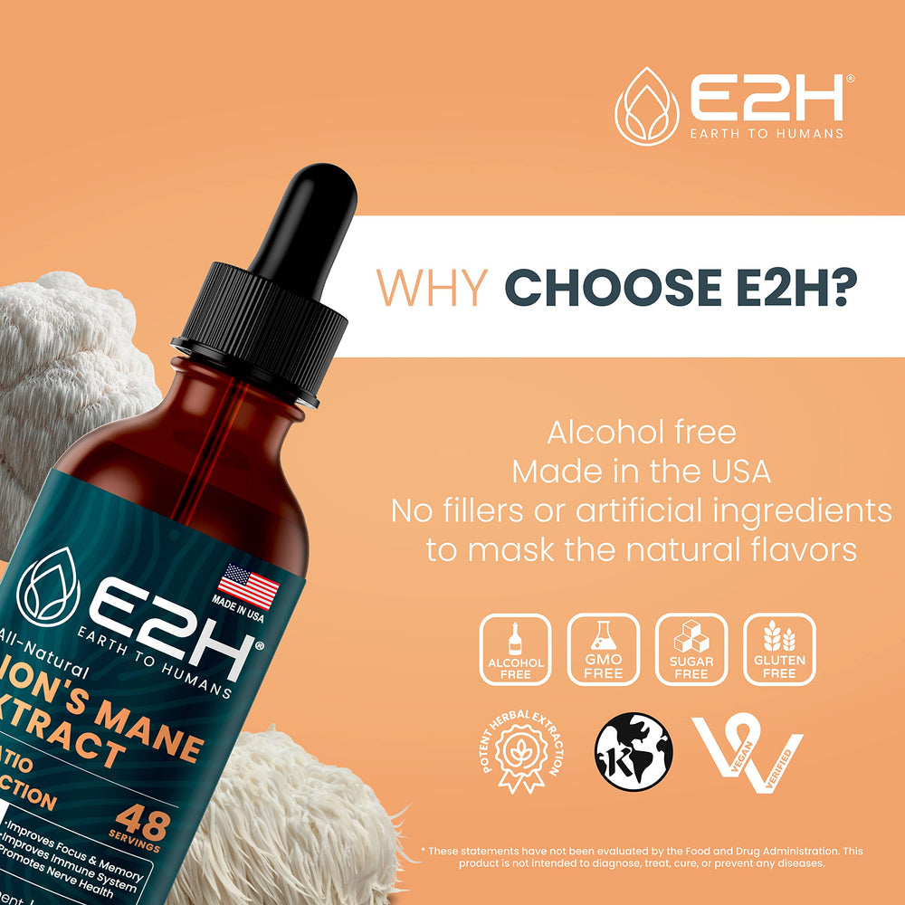 E2H Lions Mane liquid over glass suggests quick absorption and easy dosing.