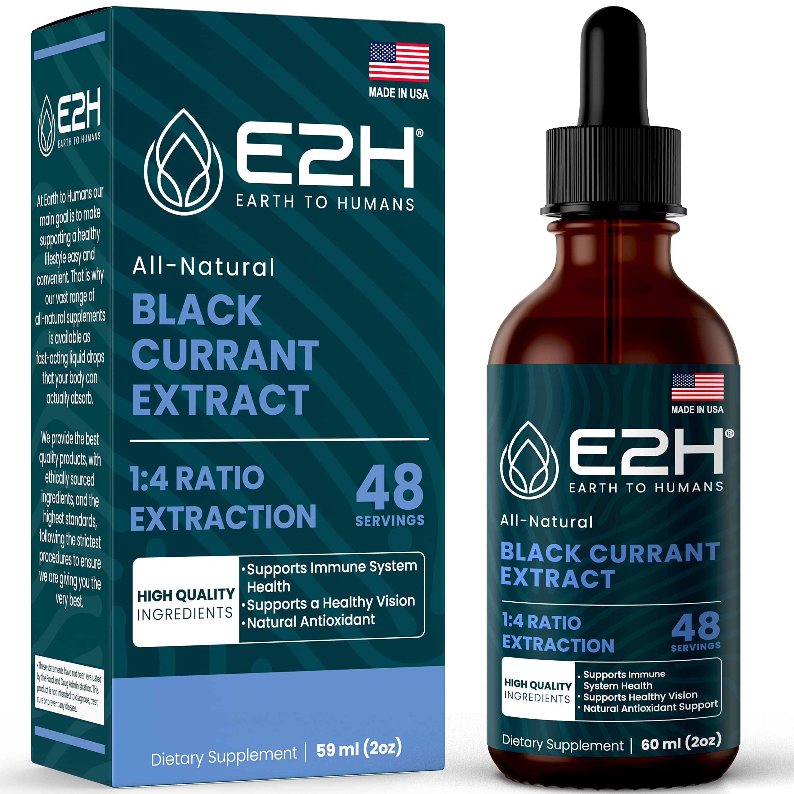 E2H Natural Black Currant Extract bottle with clear label for easy dosing.