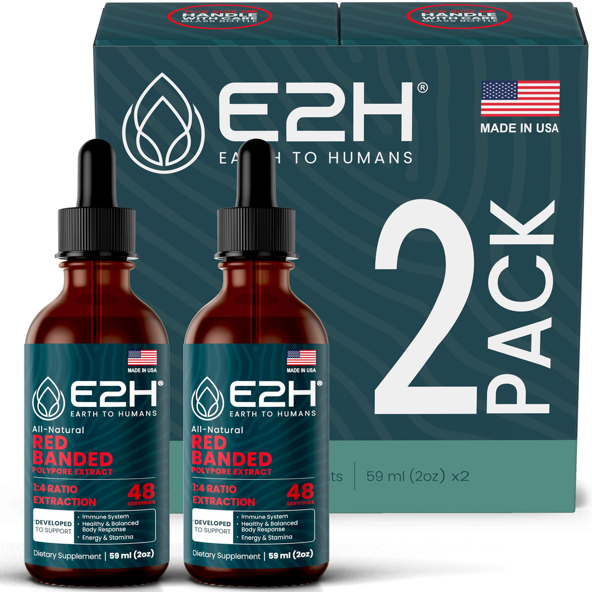 E2H Red Banded Polypore Extract bottle highlights the immune-support formula for daily wellness.