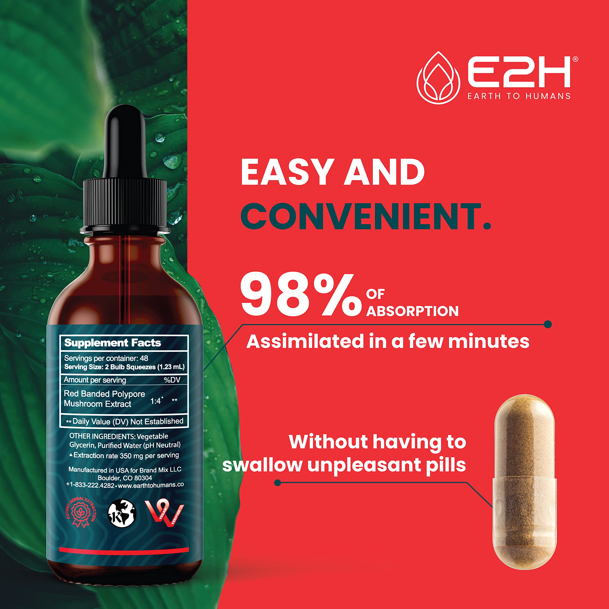 E2H label close-up highlights natural ingredients and GMP-compliant quality.