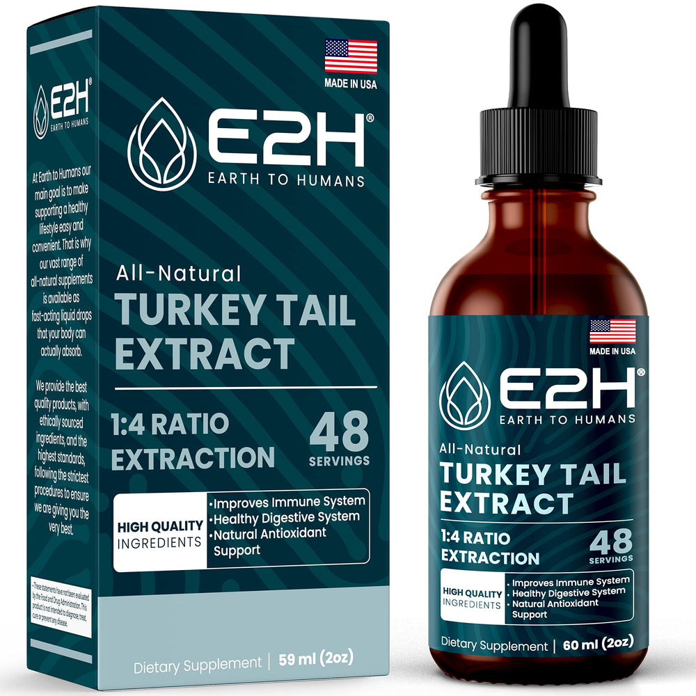 E2H Turkey Tail extract bottle for easy immune and digestive support.