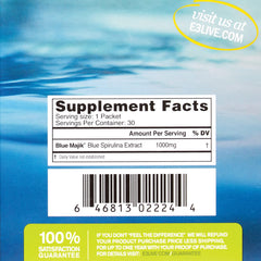 E3LIVE label on the Blue Majik box highlights 1 gram servings.