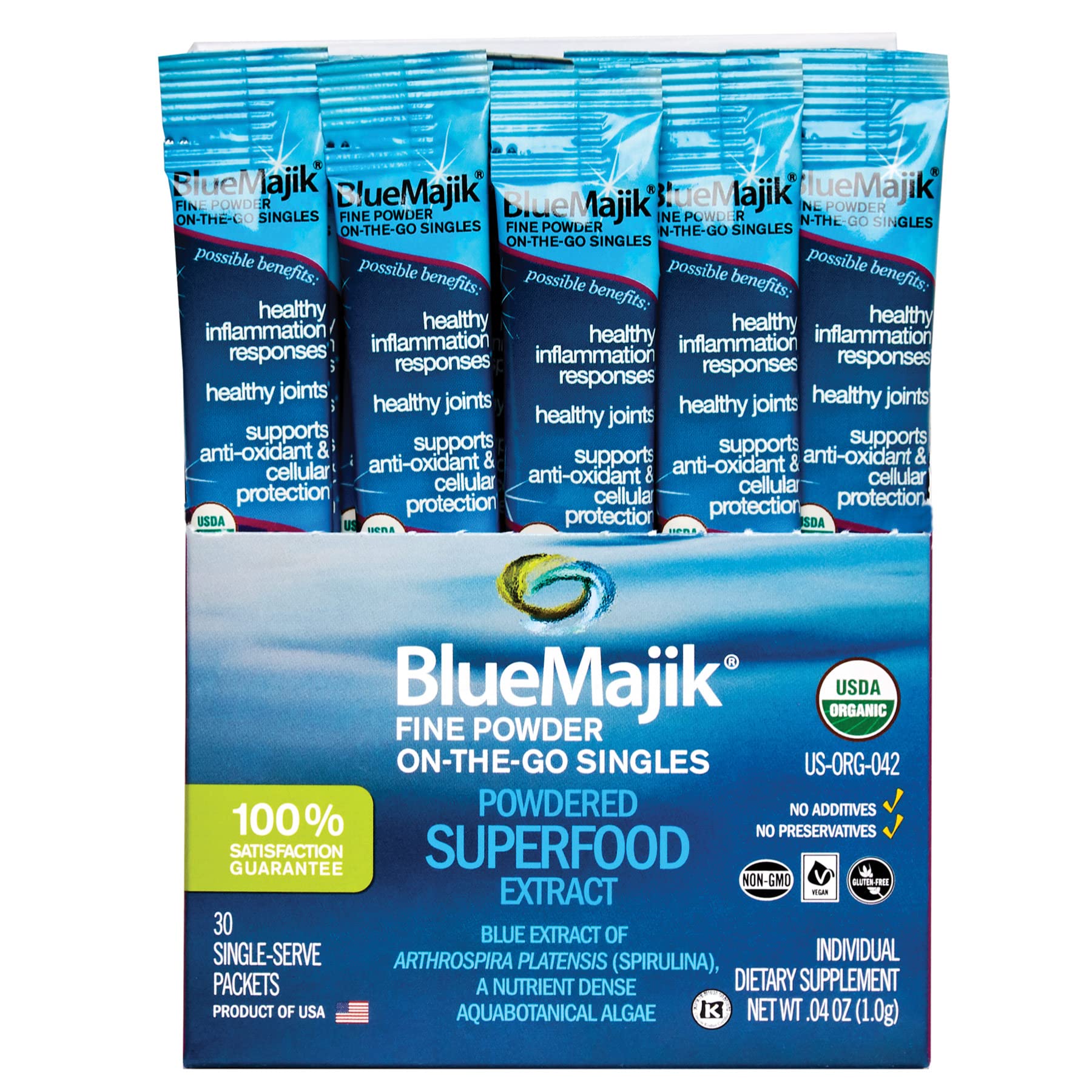 E3LIVE Blue Majik On-The-Go-Singles packs for convenient daily use while traveling.