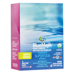 E3LIVE Blue Majik On-The-Go-Singles sachet close-up shows single-serve convenience.