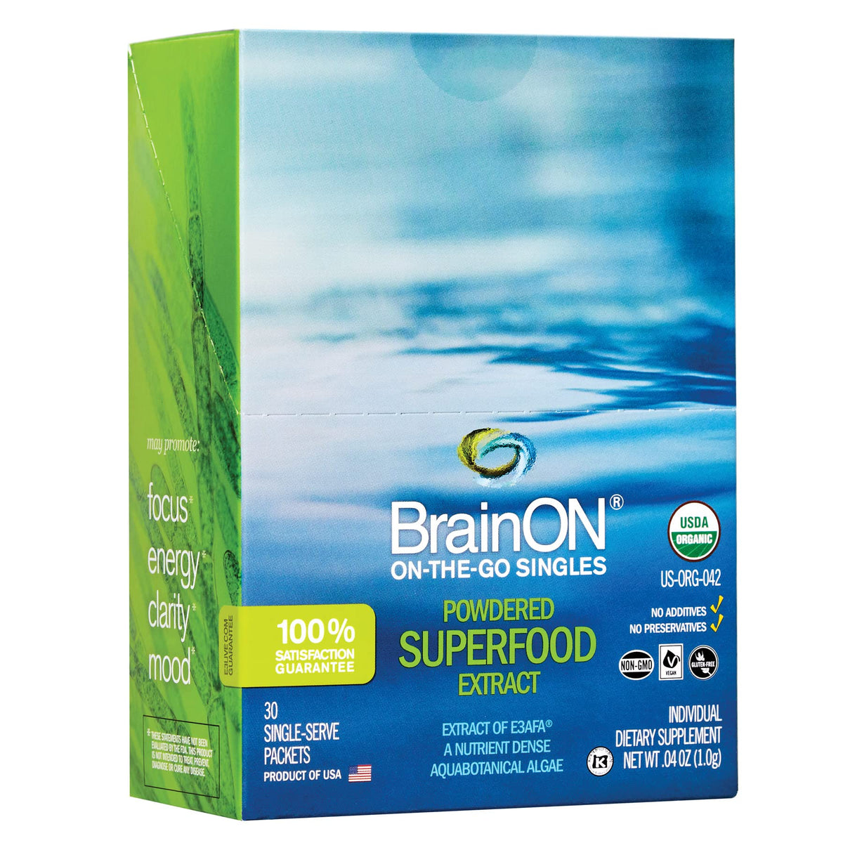 E3LIVE BrainOn bottle front shows travel-friendly single-dose format for daily energy and focus.