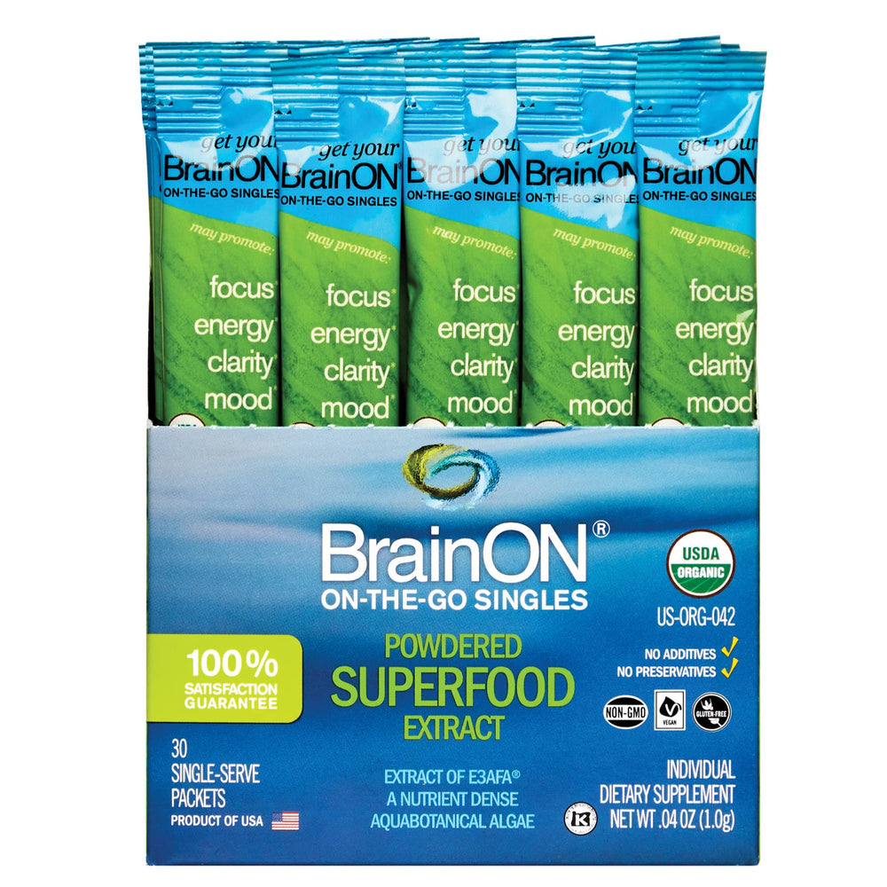 E3LIVE BrainOn packets image demonstrates convenient on-the-go singles for quick use.