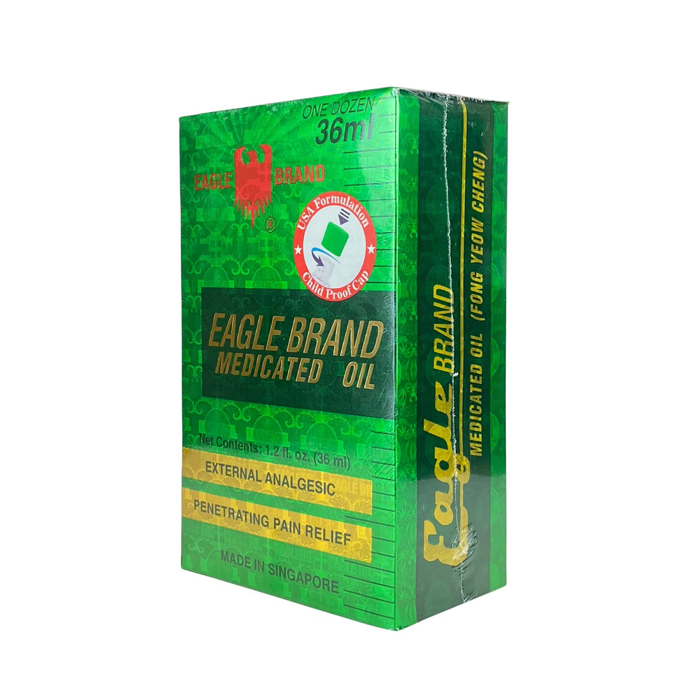 Eagle Brand medicated oil twelve-bottle packaging highlighting portability