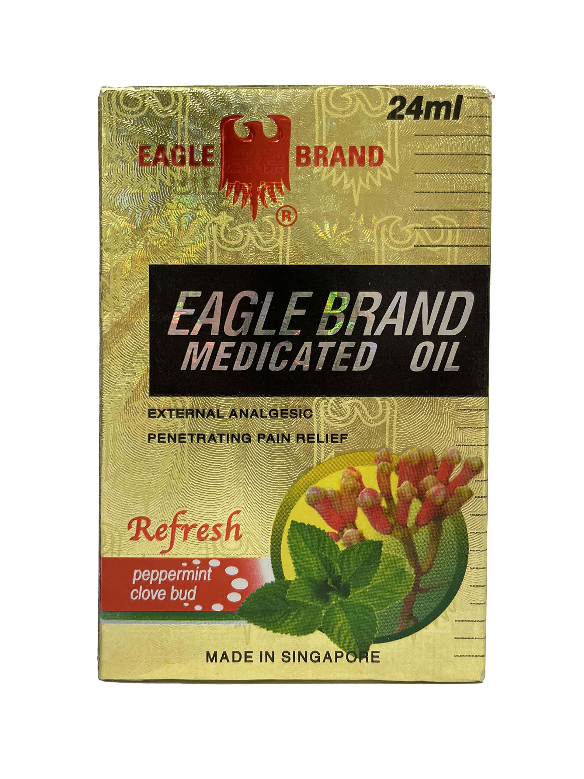Eagle Brand Refresh bottle label close-up highlights peppermint and clove benefits.