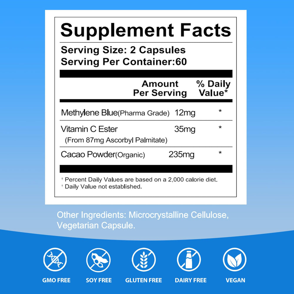 EAONE Methylene Blue capsules closeup highlighting compact, easy-to-swallow form.