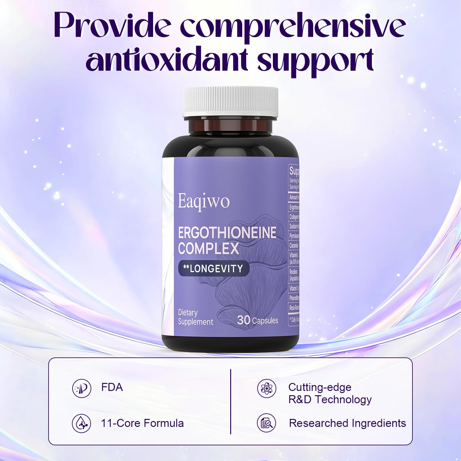 Eaqiwo Ergothioneine honeybush extract label suggesting stress management support.