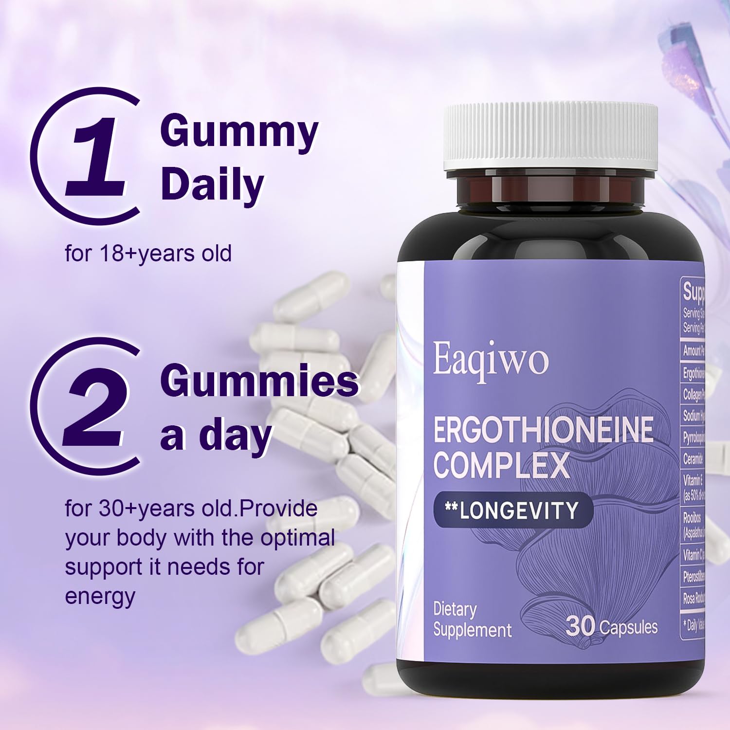 Eaqiwo Ergothioneine vitamins C and E capsules within the blend.