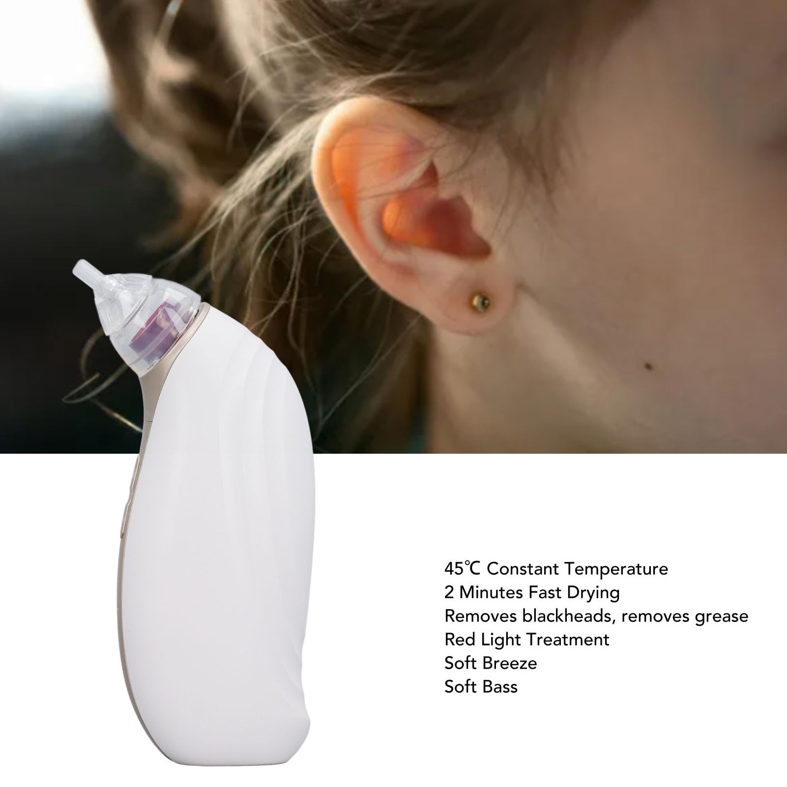 Ear Dryer compact portable design fits in bag for travel.