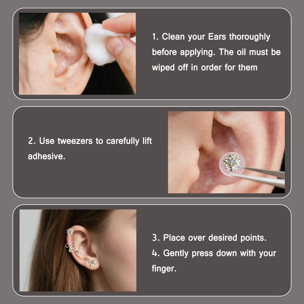 Close-up of ear seeds patch application showing simple 3-step use for beginners.