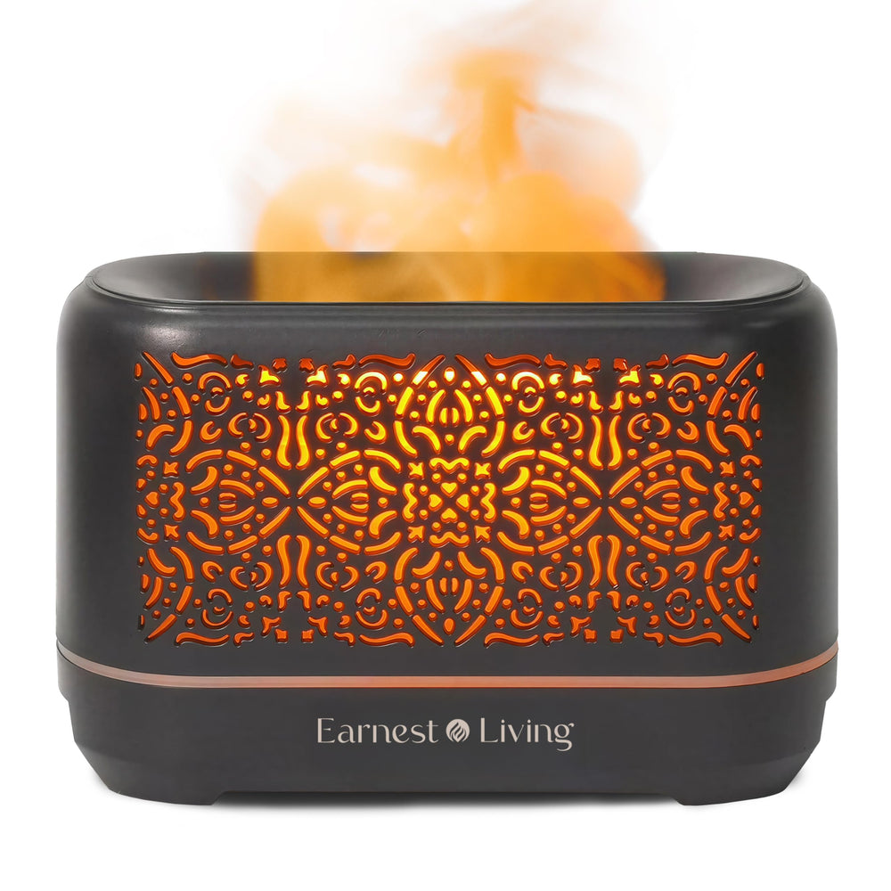 Earnest Living Classic Flame Diffuser 200ml with glowing flame for calming ambiance.