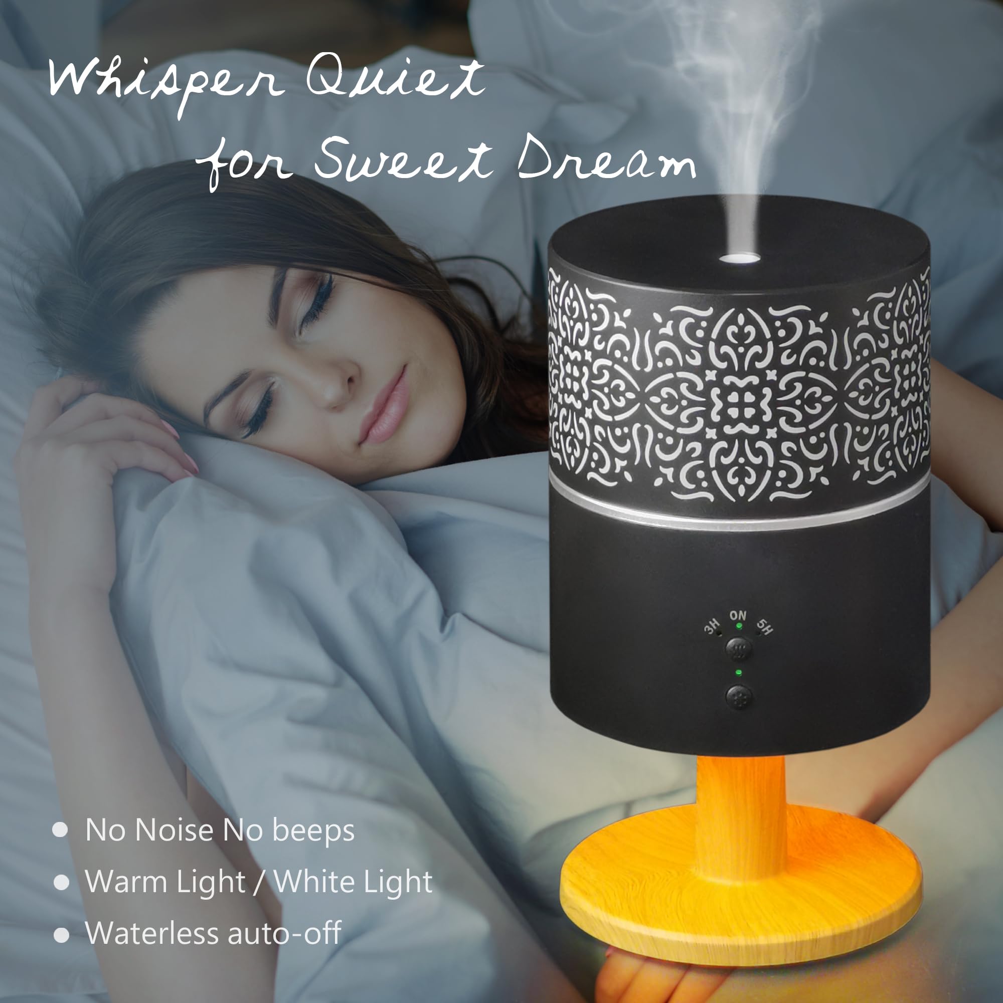 Earnest Living diffuser showing waterless auto-off for safe, quiet operation