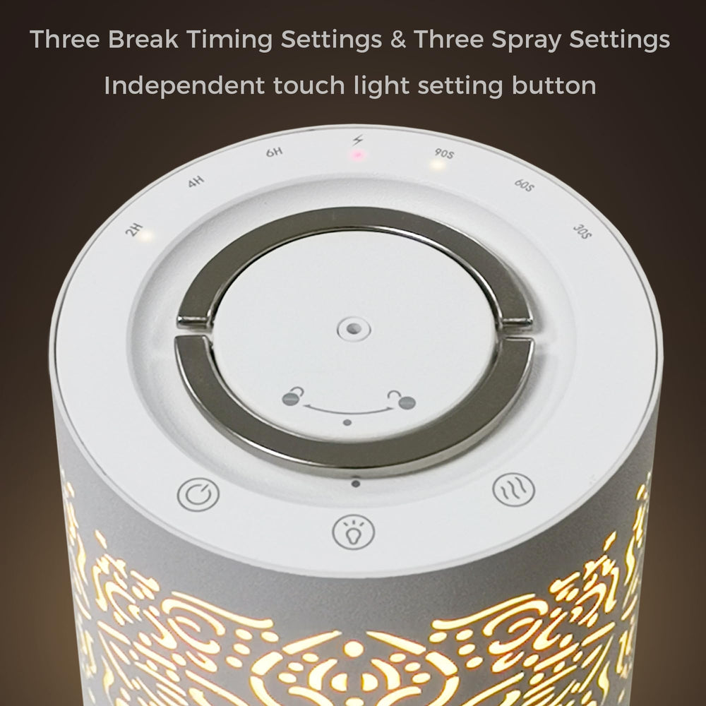 Earnest Living metal-shell diffuser with decorative engravings adds refined style.