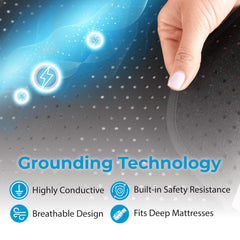Earth and Moon full-body grounding mattress cover draped over sheets.
