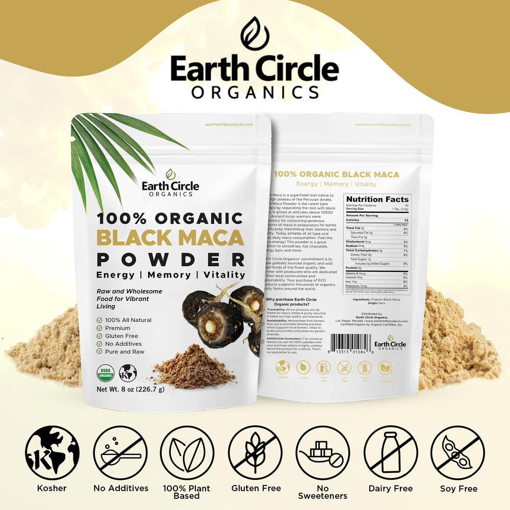 Close-up of Earth Circle Organics Black Maca Powder texture and rich color.