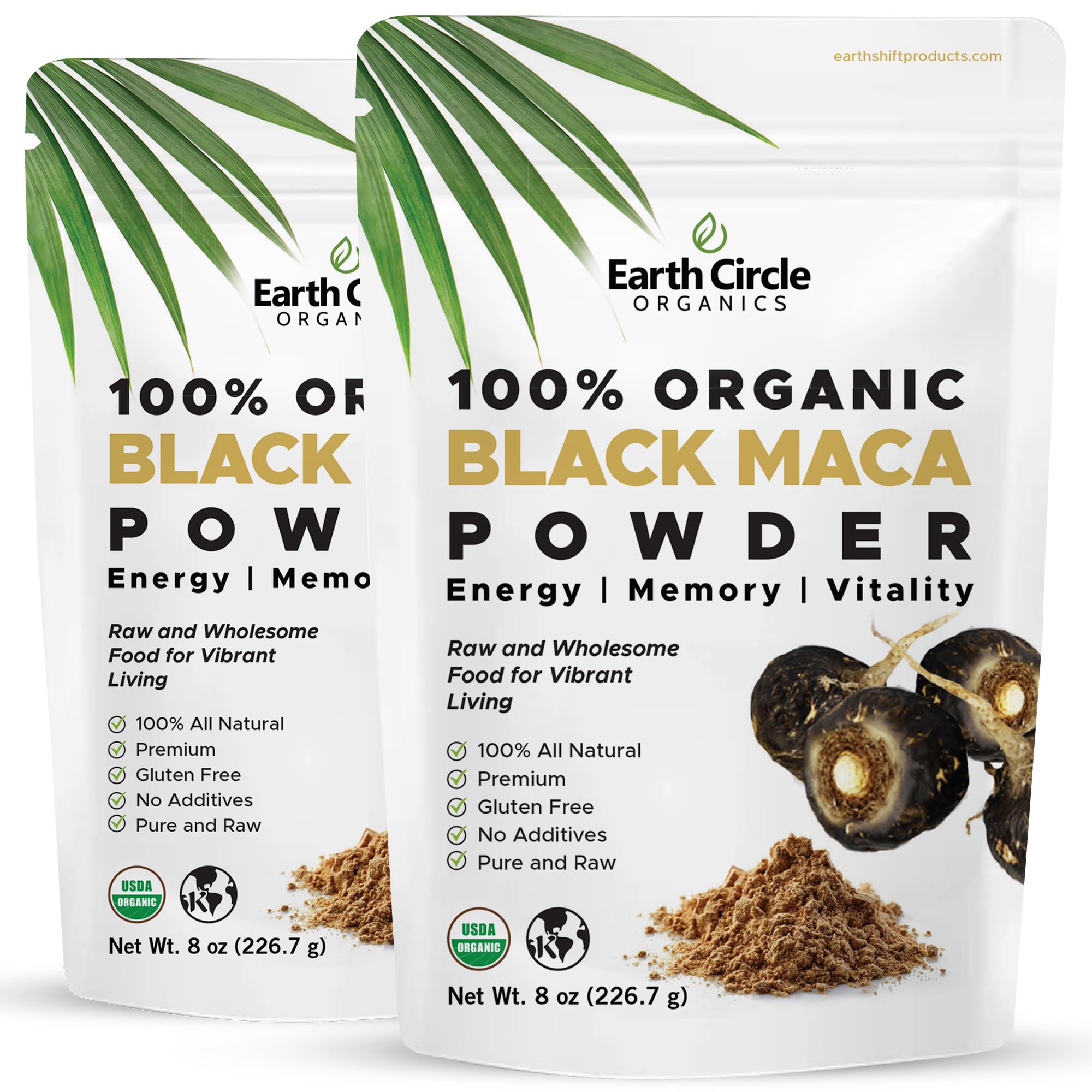 Earth Circle Organics Black Maca Powder in a jar boosts daily energy.