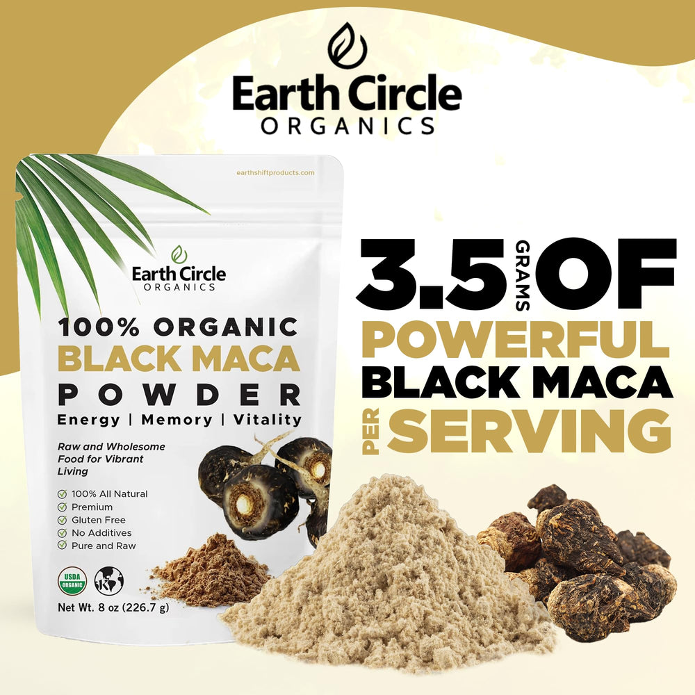 Earth Circle Organics Black Maca Powder being poured into a mug.