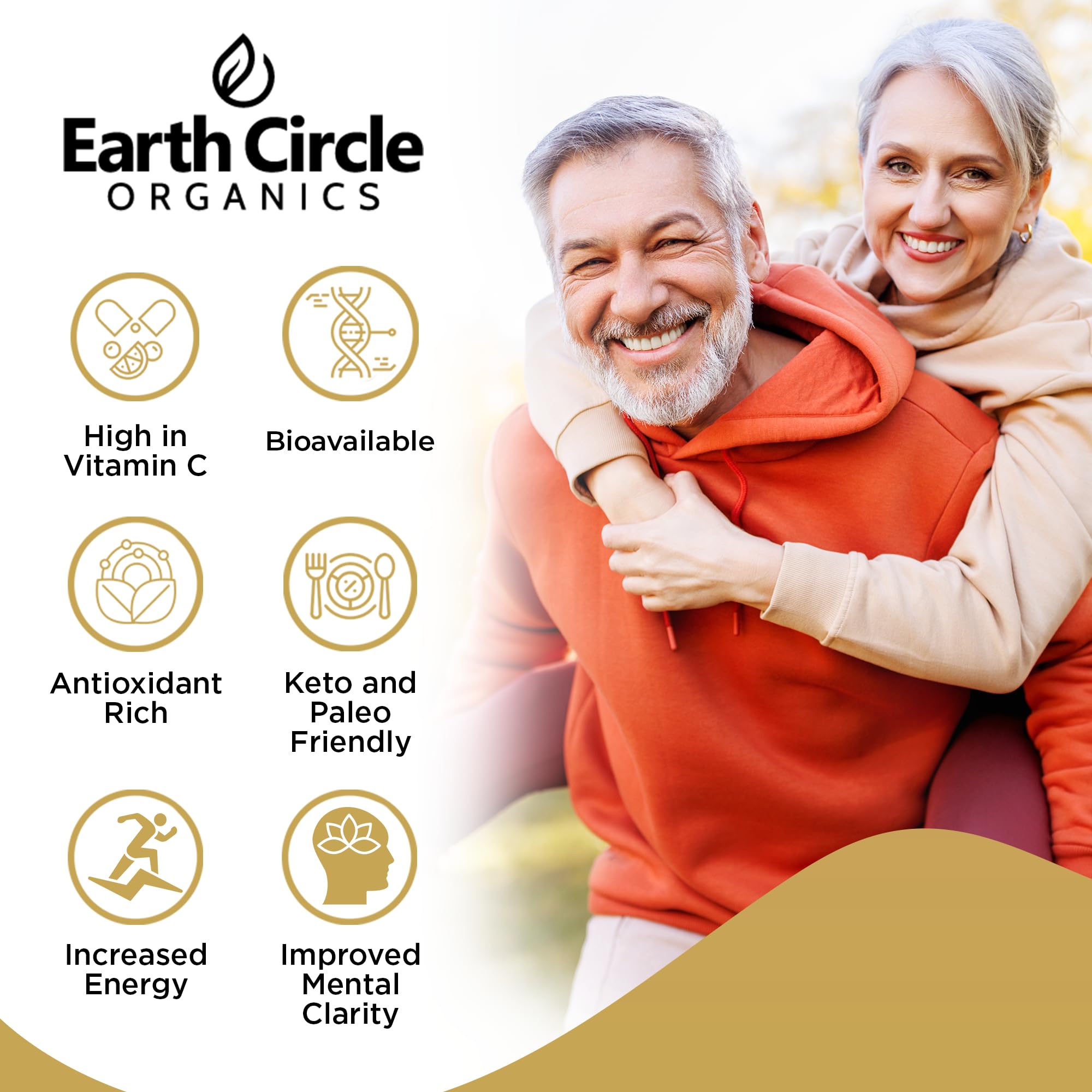 Earth Circle Organics Camu Camu powder close-up highlighting fine texture and rich color.