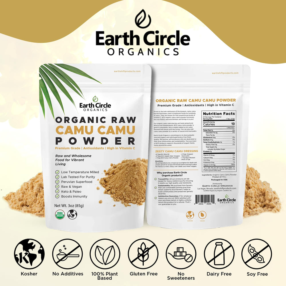 Earth Circle Organics Camu Camu powder mixed into a smoothie for bright flavor.