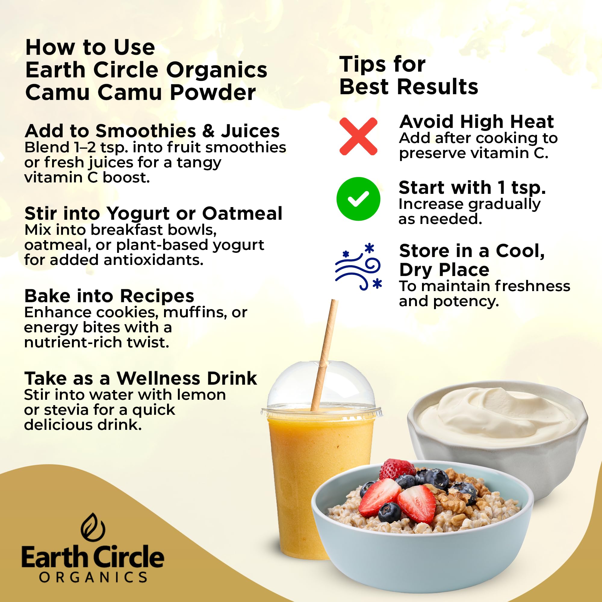 Earth Circle Organics Camu Camu powder added to yogurt for a tart berry lift.