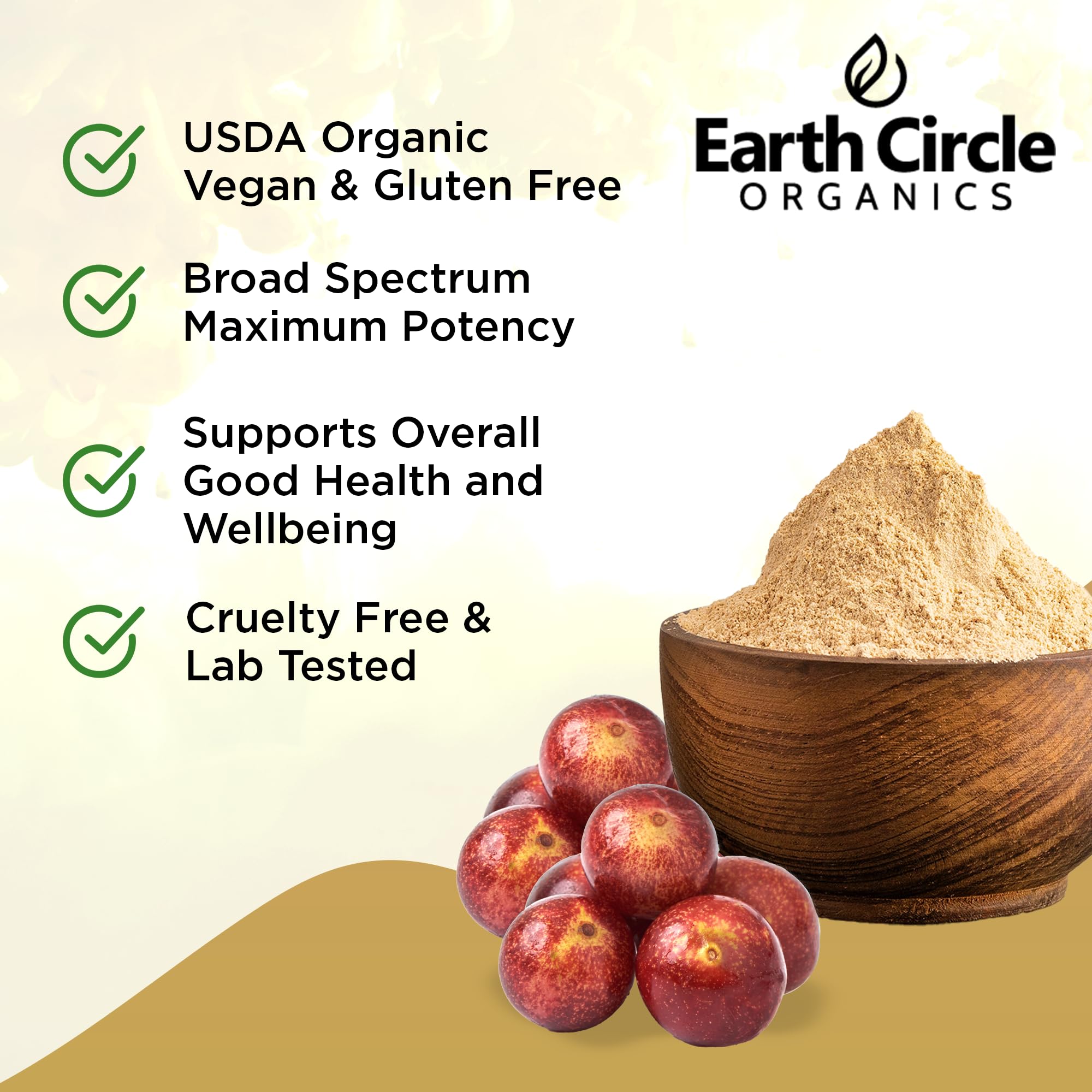Earth Circle Organics Camu Camu powder label emphasizing organic vegan non GMO status.
