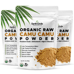 Earth Circle Organics Camu Camu powder packaging showing organic certification for clean nutrition.