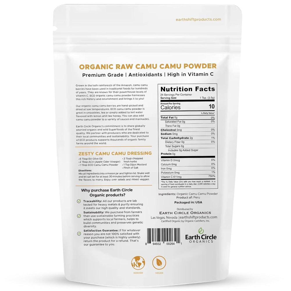 Earth Circle Organics Camu Camu powder being poured into a smoothie for a nutrient boost.