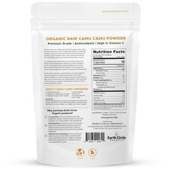 Earth Circle Organics Camu Camu powder being poured into a smoothie for a nutrient boost.