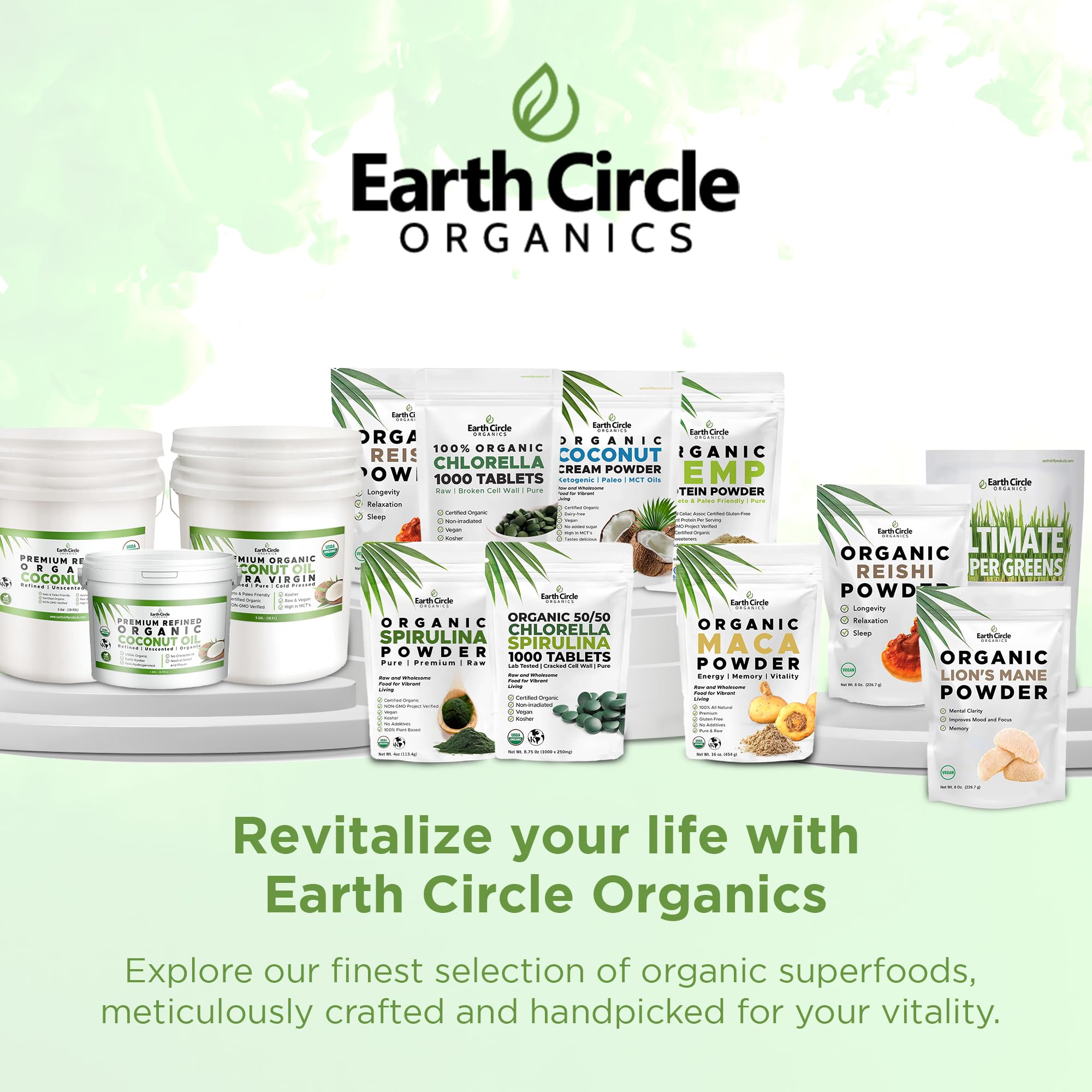 Earth Circle Organics chlorella tablets daily-use scene suggests easy incorporation.