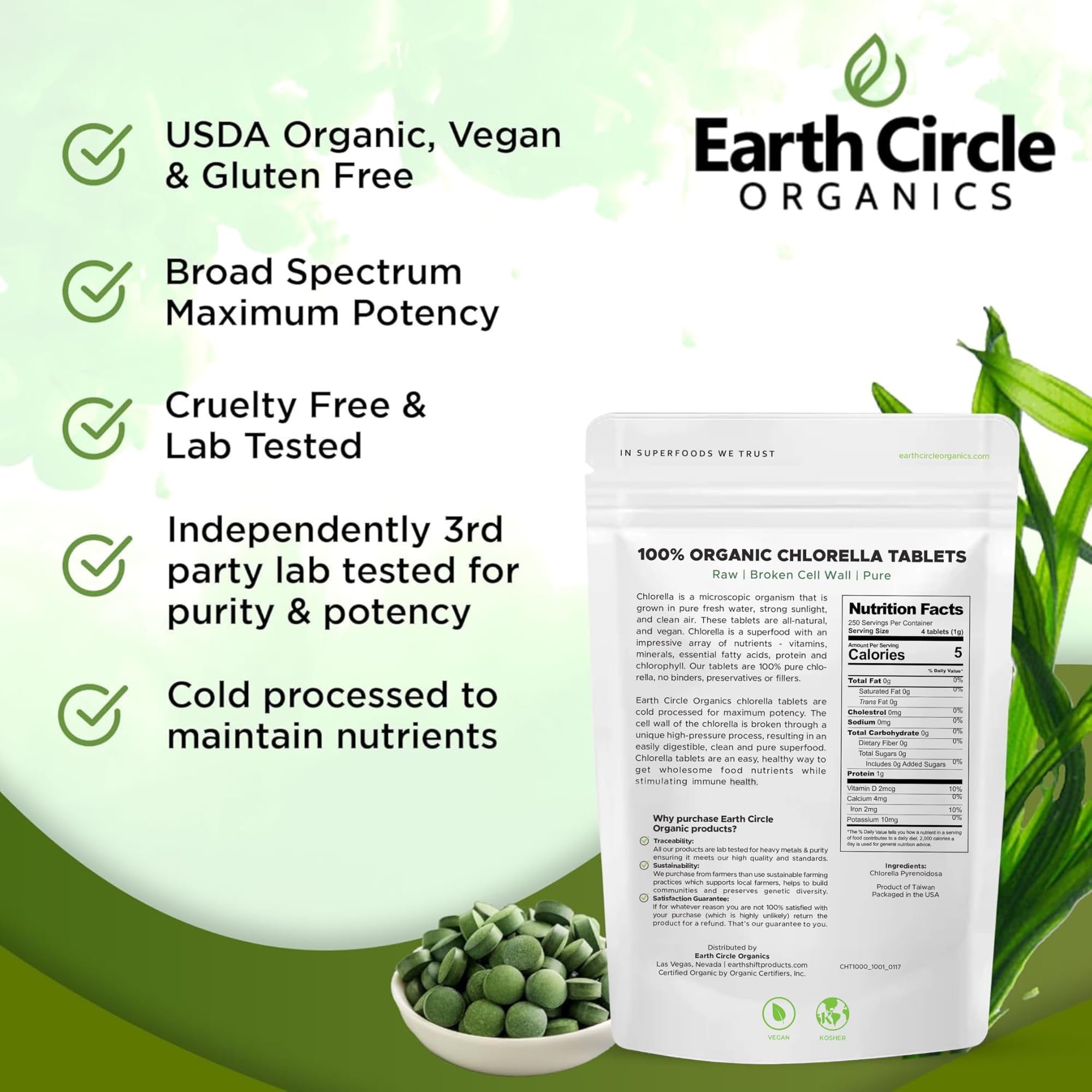 Earth Circle Organics chlorella tablets ingredients panel lists iron and protein-rich nutrients.