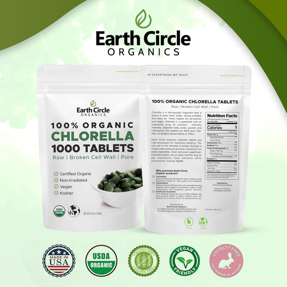 Earth Circle Organics chlorella tablets label displays non-GMO and vegan certifications.