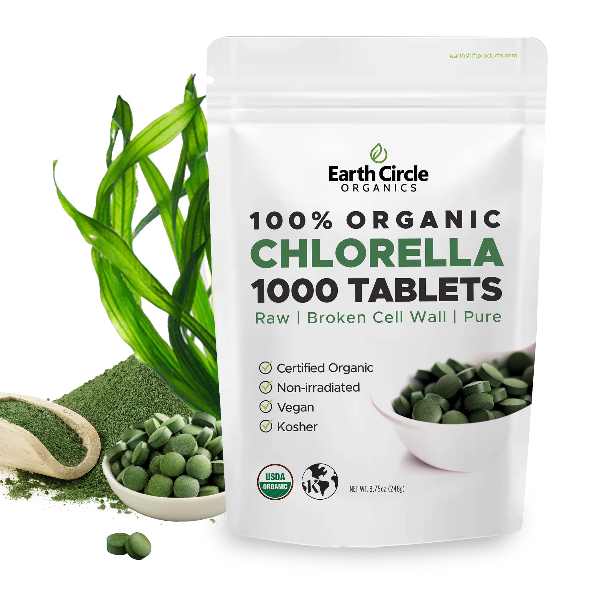 Earth Circle Organics chlorella tablets nutrition panel highlights chlorophyll-rich benefits.