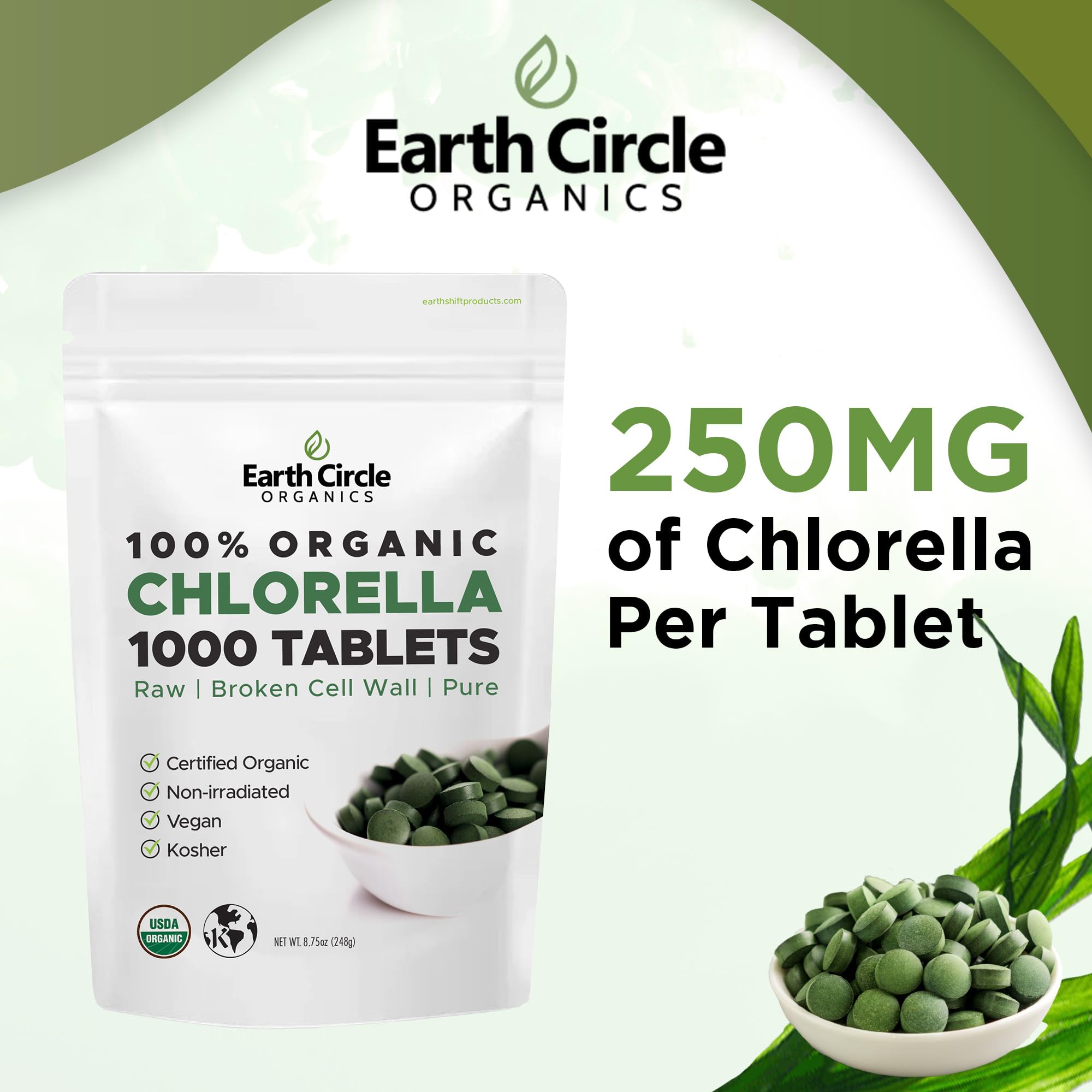 Earth Circle Organics chlorella tablets organic label close-up.