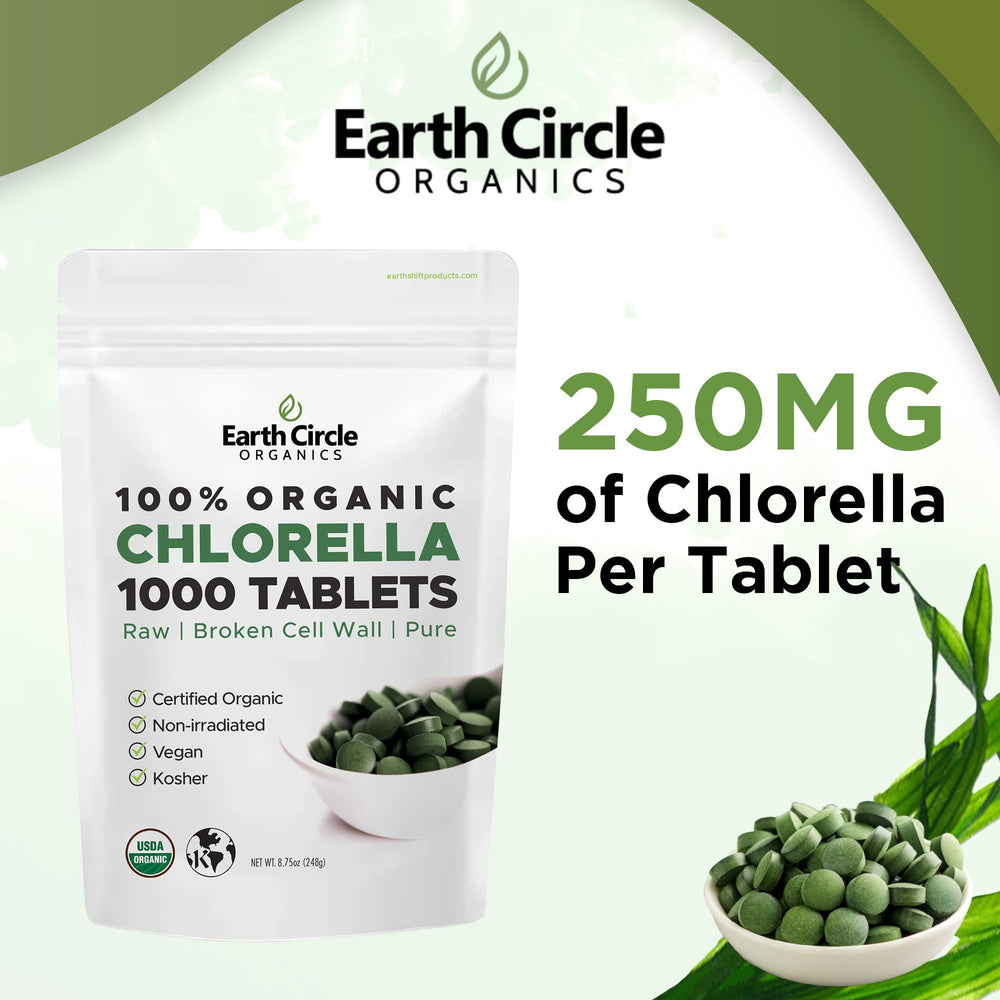 Earth Circle Organics chlorella tablets organic label close-up.