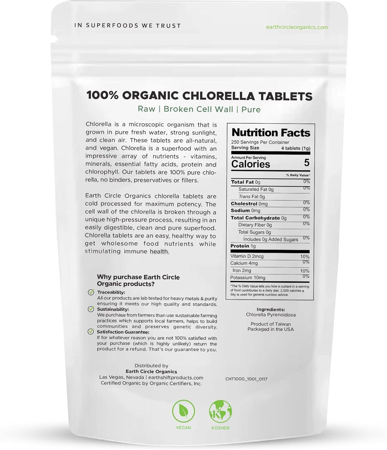 Earth Circle Organics chlorella tablets pack of 3 stacked bottles for convenience.