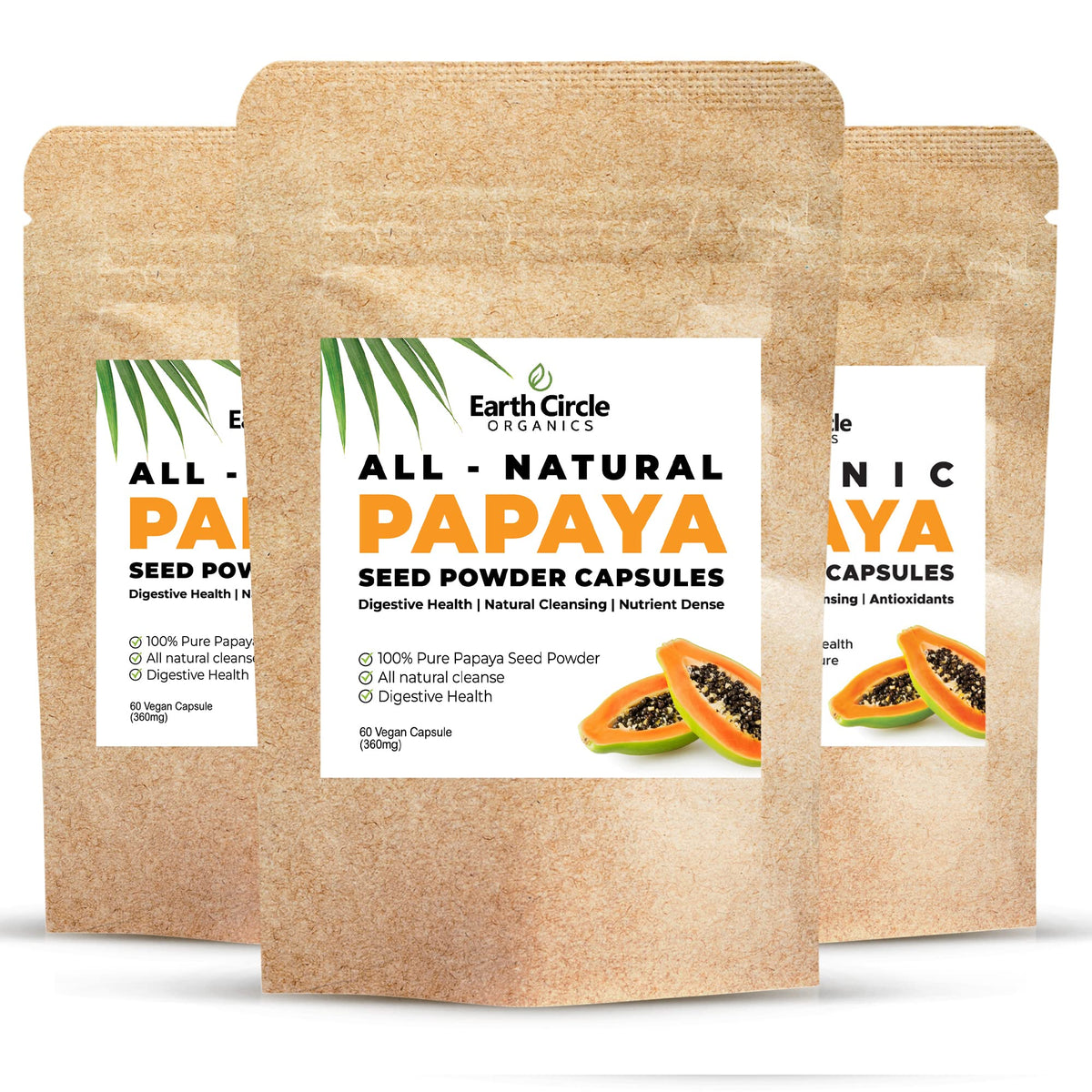 Earth Circle Organics Papaya Seed Powder Capsules bottle on table, supporting digestion and daily wellness.