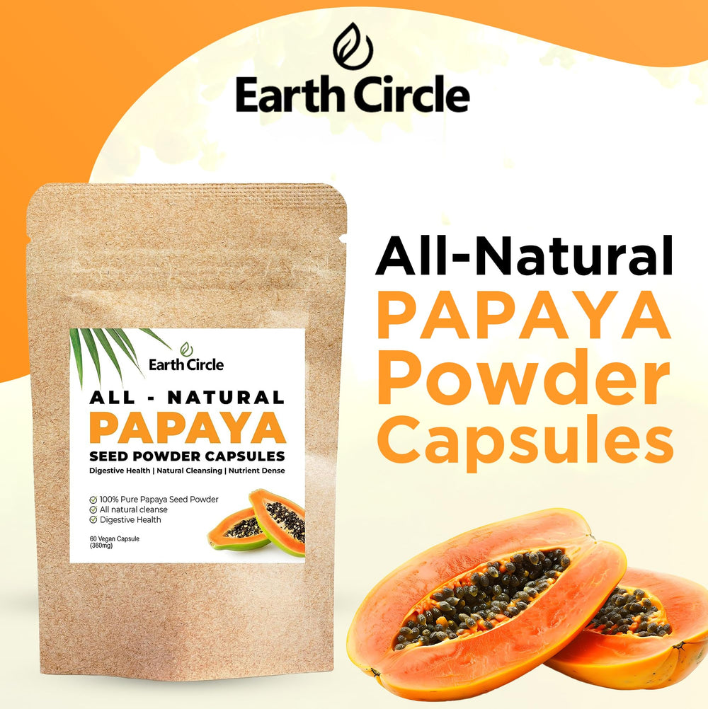 Earth Circle Organics papaya seed capsules front view with clear 360mg serving for digestion support.